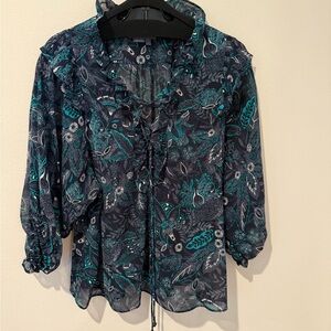 Anthropologie Blue and Black Ruffled Tie Front Blouse